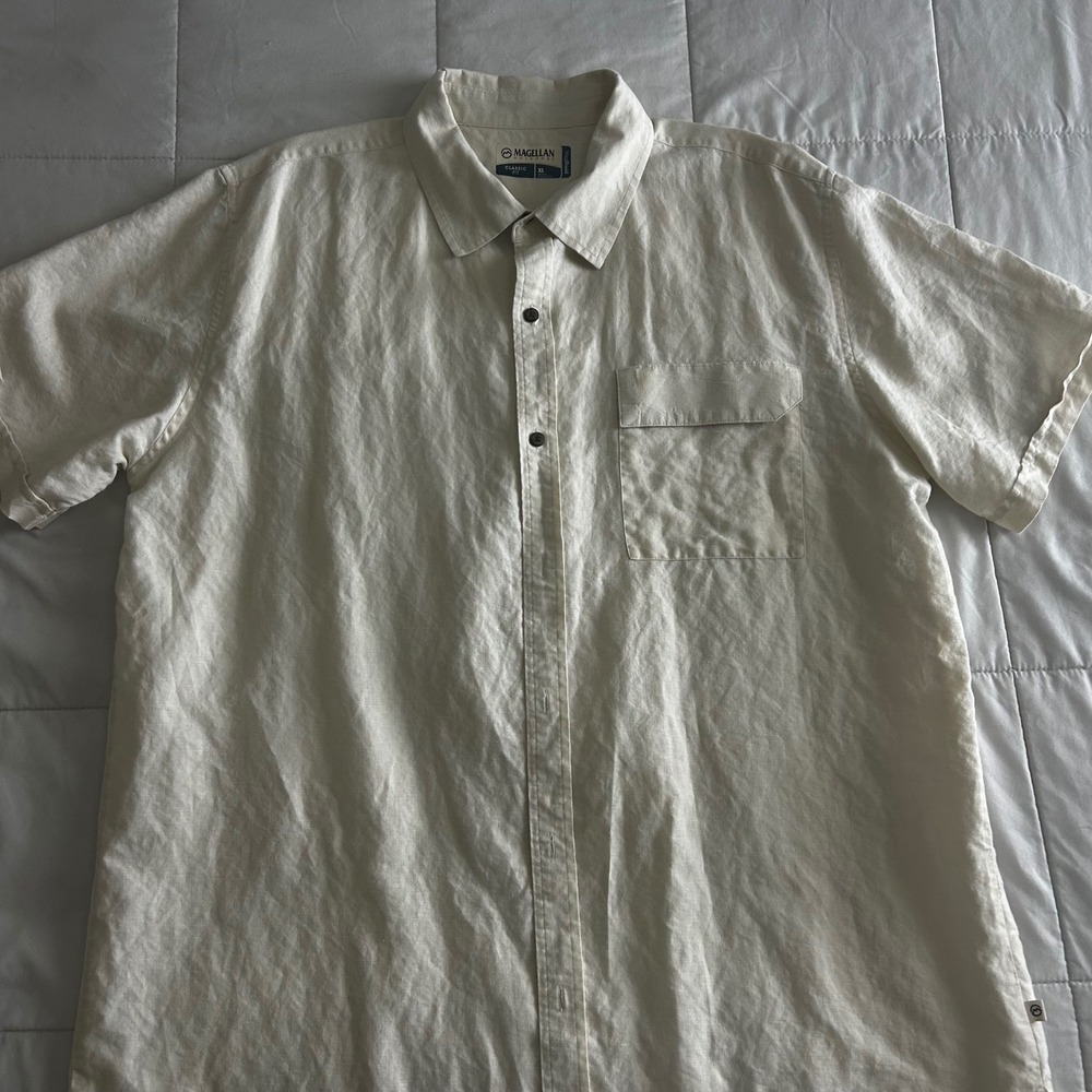 Magellan Outdoors Mens XL Cream Linen Cotton Blend Short Sleeve Button Up Shirt‎
